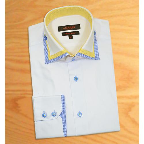 Axxess White / Blue / Yellow Handpick Stitching 100% Cotton Dress Shirt With TripleCollar 04-823